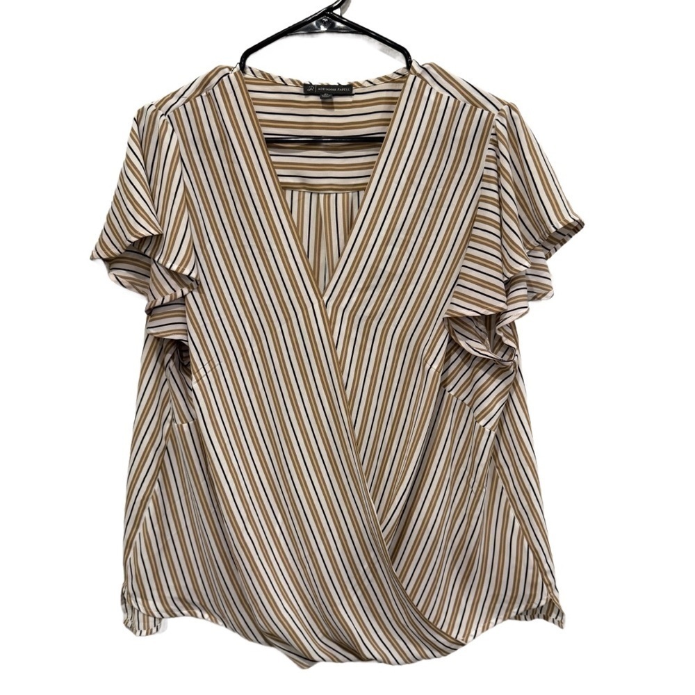 Adrianna Papell Cream and Brown Wrap Ruffled Blouse Size 2X EUC